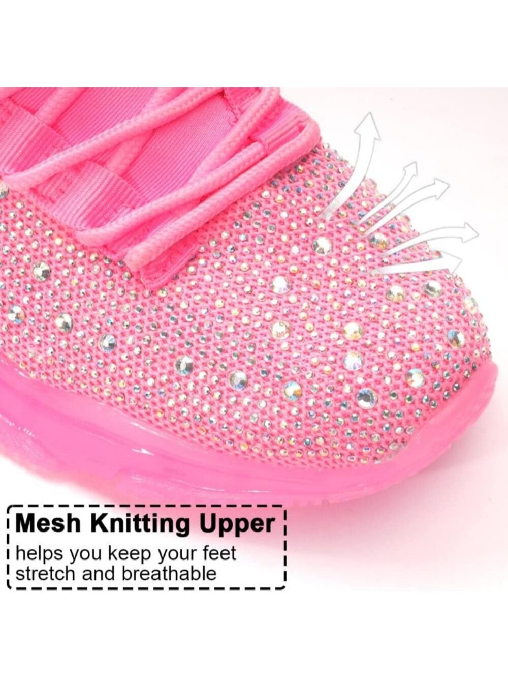 Women's Pink Rhinestone Mesh Slip On Breathable Spakle Glitter Sneaker Shoes - Picture 3 of 6